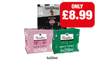 Captain Morgan Pepsi Max, Gordon's Gin & Tonic, Pink Gin - Now Only £8.99 at Family Shopper