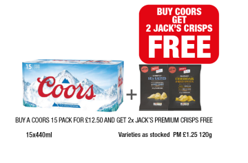 Coors, Jack's Crisps Sea Salted, Cheddar & Red Onion - Buy Coors Get 2 Jack's Crisps FREE at Family Shopper
